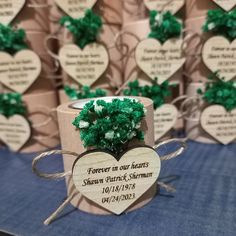 a small potted plant in the shape of a heart on display at a wedding