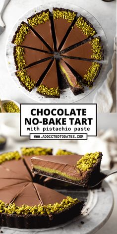 chocolate no - bake tart with pistachio paste on the top and bottom