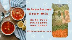 a bag of soup next to two bowls and spoons on a table with snowflakes