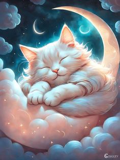 a painting of a cat sleeping on top of a cloud with the moon in the background