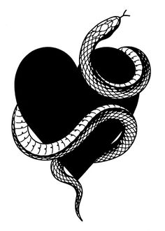 a black and white drawing of a heart with a snake wrapped around it's neck