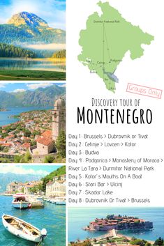 a poster with pictures of different places in the world and text that says discovery tour of montenegro