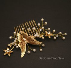 Gold Butterfly Comb, Beaded Golden Boho Hair Comb Gold Wedding Hair Comb, Metal Flower and Butterfly Gold Leaf Crown, Beaded Hair Combs, Gold Hair Comb Wedding, Decorative Hair Combs, Leaf Headpiece, Gold Hair Vine, Gold Hair Comb, Flower And Butterfly, Hair Comb Accessories