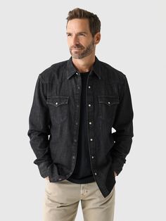 DESCRIPTION:A classic western-inspired shirt made from lightweight organic cotton denim.FEATURES:Point CollarButton Chest PocketsButton CuffsButton-Down PlacketShirttail HemDenim Fabrication100% Organic CottonClassic FitModel is wearing size Medium shirt.Model's Measurements: Height: 6'0" | Waist: 32" | Inseam: 32" | Collar: 15.5" | Sleeve: 34.5" | Suit: 40R Black Overshirt Men Outfit, Black Denim Button-up Shirt, Classic Dark Wash Shirt For Rodeo, Classic Black Denim Top, Black Casual Shirt For Rodeo, Casual Black Shirt For Rodeo, Western Style Dark Wash Button-up Shirt, Black Denim Shirt Men, Overshirt Men Outfit