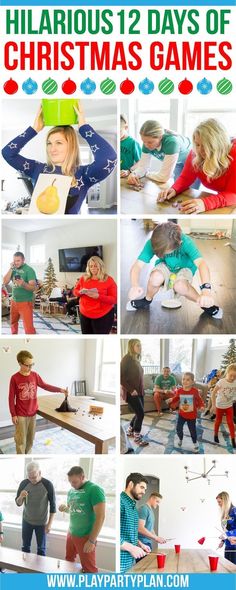 various pictures of people playing games in the living room and on the floor with text overlay that reads, hilarious 2 days of christmas games