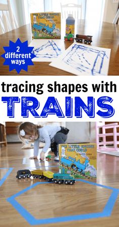 a child is playing with train tracks on the floor in front of some books and toys