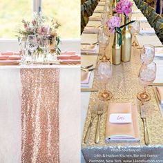 an image of a table setting with pink flowers and gold sequins on it