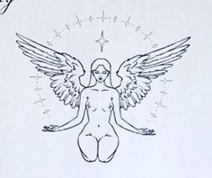 a drawing of a naked woman with angel wings on her body and stars above her head