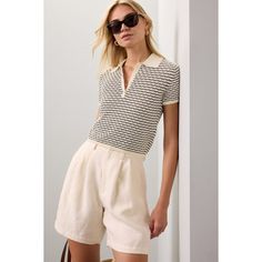 White striped (100% Cotton). Top. Short sleeves. Collared. Front button closure. 18.5" from shoulder to hemline. Imported. Classic Striped Tops For Summer, Chic Striped Collared Tops, Summer Striped Tops For Workwear, Summer Workwear Tops With Contrast Stripes, Classic Summer Tops With Contrast Stripes, Classic Spring Top With Striped Hem, Classic Striped Summer Tops, Classic Tops With Contrast Stripes For Summer, Elegant Tops With Contrast Stripes For Spring