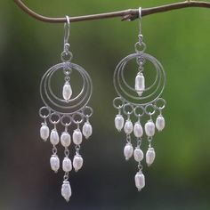 Cultured pearl chandelier earrings, 'Moonlit Circles' - Sterling Silver and Cultured Pearl Chandelier Earrings Pearl Chandelier Earrings, Pearl Chandelier, Silver Chandelier Earrings, Silver Chandelier, Sterling Silver Dangle Earrings, Freshwater Cultured Pearls, Lovely Earrings, Leaf Pendant, Silver Pieces