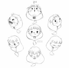 some cartoon faces with different expressions and haircuts, one in the middle has an open mouth