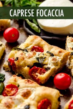 several pieces of pizza with tomatoes and spinach on the table next to some dip