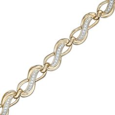 Wrap your wrist in sophisticated style with this diamond infinity link bracelet. Fashioned in warm 10K gold, this enticing look features sculpted infinity symbol-shaped links, each sparkling with a diamond-lined center. Radiant with 1/4 ct. t.w. of diamonds and a bright polished shine, this 7.0-inch bracelet secures with a box clasp. Infinity Diamond Bracelet For Formal Occasions, Infinity Diamond Bracelet For Anniversary, Diamond Infinity Bracelet For Anniversary, Formal Infinity Diamond Bracelet, Infinity Diamond Bracelet With Accents For Anniversary, Elegant Infinity Bracelet With Diamond Accents, Elegant Infinity Bracelets With Diamond Accents, Anniversary Diamond Bracelet With Infinity Design, Elegant Infinity Diamond Bracelet For Formal Occasions