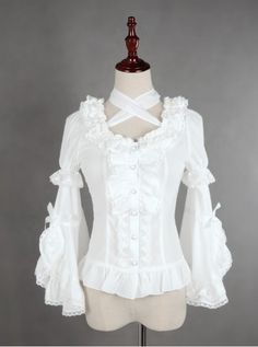 White Lace Short Sleeve And Flare Sleeve Lolita Hang The neck Blouse Halter Blouse, White Lace Shorts, Angel Outfit, Boutique Style Outfits, Cross Neck, Trumpet Sleeve, Sleeves Blouse, Chiffon Blouse, Lolita Dress