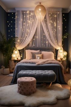 White, dusty blue and blush pink cozy and elegant bedroom design inspiration Small Cozy Bedroom Ideas Fairy Lights Room Decor, Cozy Getaway, Romantic Room, Cozy Room Decor, Dreamy Bedrooms, Room Idea, Bedroom Refresh, Room Makeover Bedroom