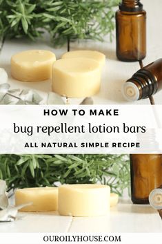 the ingredients to make bug repellent lotion bars are shown in two separate images