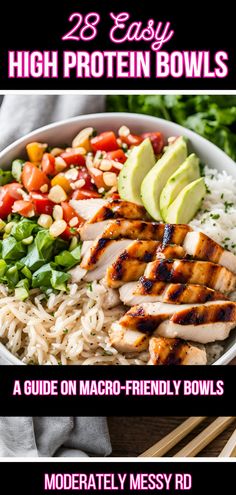 a bowl filled with rice, chicken and vegetables next to chopsticks on the side