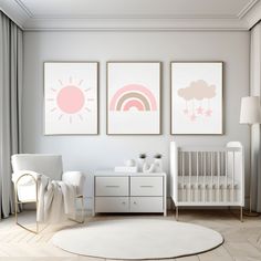 a baby's room with three pictures on the wall