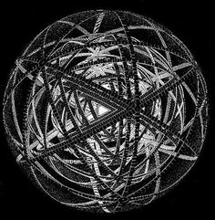 a black and white drawing of a ball with lines in it on a black background