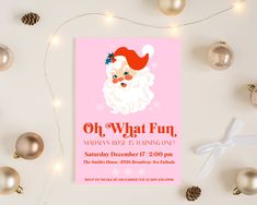 a pink christmas party flyer with a santa clause on it