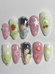 @starpressons on tiktok 💫 Sanrio Nails Pochacco, Sanrio Nail Art Simple, Nail Ideas Sanrio, Kimi Ni Todoke Nails, Kamisama Kiss Nails, Hoshi Nails, Shojo Nails, Aya Takano Nails, Nail Inspo Gel Polish