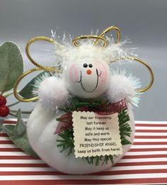 Handcrafted original design with special poem for friendship..sparkly hair and golden halo and wings..body is soft fleece arms are sparkle poms..will arrive in a glossy white gift box ready for wrapping Angel Ornaments Diy, Fall Craft Fairs, Christmas Angel Crafts, Wall Art Tutorial, Snow Angel, Angel Crafts, Snow Angels, Christmas Ornament Crafts, Angel Ornaments