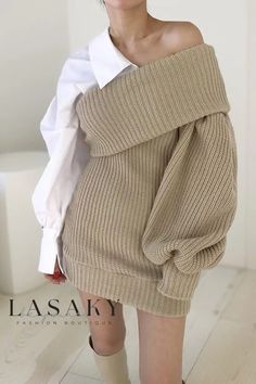 Lasaky - Stylish Knit Patchwork Off-Shoulder Dress with Striking Contrast Colors - Mini Dress for Fashion Enthusiasts Short Pollera, Garment Pattern, Office Fashion Women, Khaki Dress, Patchwork Dress, Knit Stitch, Women Sleeve, Knit Fashion, Short Skirt