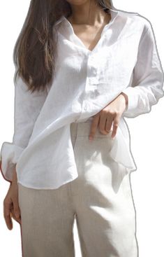 White V-neck Shirt With Buttons, Linen V-neck Shirt With Buttons, White Linen Blouse With Buttons, Button Blouse Outfit, White Linen Shirt, Button Blouse, Women Formals, Linen Blouse, Blouse Outfit