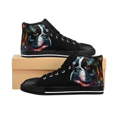 Boston Terrier Art - Express Your Style with Women's Classic Sneakers Looking for a unique and comfortable way to showcase your love for Boston Terriers? Look no further than these Women's Classic Sneakers featuring a high-quality print of this beloved breed. Comfortable and Durable Design Crafted from durable Nylon canvas, these high-top sneakers are designed to last. With a calf height of 5", they offer both support and flexibility. The sneakers feature a durable rubber outsole for added durab Casual Custom Sneakers With Graphic Print, Mid-top, Casual High-top Custom Sneakers With Graphic Print, Casual Custom Mid-top Sneakers With Graphic Print, Casual Mid-top Custom Sneakers With Graphic Print, Black Casual Sneakers With Custom Artwork, Black Low-top Sneakers With Custom Artwork, Black Sneakers With Custom Artwork For Streetwear, Artistic Black Sneakers With Custom Artwork, Sporty High-top Sneakers With Custom Artwork