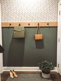 two purses are hanging on the wall next to a potted plant and pair of shoes