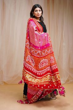 Black and red anarkali with a cutdana, gota and sequin embroidered hem and sleeves. Paired with a crimson red pure gajji silk dupatta. - Aza Fashions Festive Anarkali Set With Bandhani Print For Diwali, Festive Anarkali Sharara With Bandhani Print, Traditional Floor-length Dupatta With Gota Work, Traditional Bandhani Print Lehenga With Straight Kurta, Diwali Bandhani Print Lehenga With Straight Kurta, Red Georgette Salwar Kameez With Dupatta, Red Lehenga With Sheer Dupatta In Chinon, Festive Bollywood Anarkali Set With Bandhani Print, Festive Anarkali Set With Bandhani Print