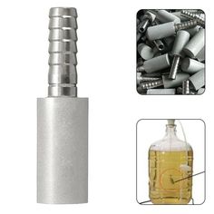 a bottle with screws in it sitting next to some other items on a white background