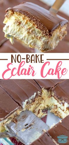 no - bake eclair cake on a fork with the title above it