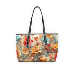 Step out in style with our vibrant floral print oversized shoulder tote, adorned with an array of colorful flowers set against a light neutral background. This chic accessory features a detailed and lush floral design in shades of red, orange, and blue, bringing a cheerful and stylish flair to your everyday look. Crafted from high-grade PU leather for durability and a luxurious feel. These shoulder bags are perfect for adding a splash of vibrant color and style to any outfit Ideal for the fashio Everyday Rectangular Shoulder Bag With Floral Print, Leather Bags With Floral Print For Shopping, Leather Tote Bag With Floral Print, Floral Print Tote Shoulder Bag For Shopping, Multicolor Floral Print Bag With Double Handle, Multicolor Floral Print Bags With Double Handle, Multicolor Floral Print Tote Bags, Chic Floral Print Shoulder Bag For Shopping, Casual Multicolor Floral Print Bag