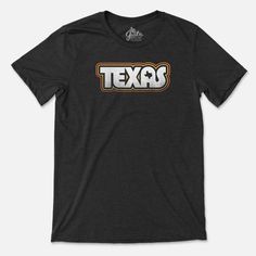 Retro Texas T-shirt Retro Tri-blend Crew Neck T-shirt, Tri-blend Graphic Tee For Fan Merchandise, Retro Tri-blend Black T-shirt, Tri-blend Graphic Print T-shirt For Fans, Retro Black Tri-blend T-shirt, Tri-blend Graphic Print T-shirt For Fan Gear, Pop Culture Tops With Letter Print, Retro Tri-blend Pre-shrunk T-shirt, Retro Tri-blend T-shirt