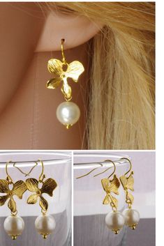 Gold orchid earrings Flower earrings Gold floral earrings White pearl Bridesmaid earrings Bridal earrings Wedding earrings Mothers day gift #earrings #jewelry #mothersday  #giftideas Pearl Bridesmaid Earrings, Bridesmaid Pearl Earrings, Orchid Earrings, Gold Orchid, Flower Earrings Gold, Earrings With Pearls, Multiple Earrings, Bridesmaid Pearls, Pearl Necklace Set