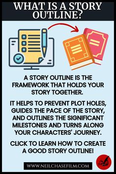 a poster with the words what is a story outline? and an image of a book