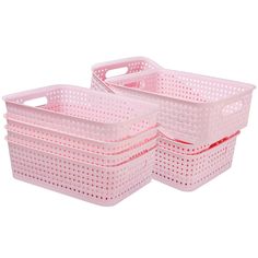 two plastic storage baskets with holes on the sides and one has a handle for handles