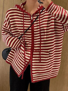 Striped Hooded Double Zip Knit Cardigan - AnotherChill Summer Long Sleeve Outfit, Lisa Clothes, Cardigan Korean Style, Preppy Fabric, Long Sleeve Knitted Cardigan, Knitting Women Cardigan, Long Sleeve Outerwear, Knitted Hood, Collars For Women