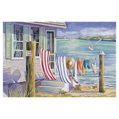 a painting of clothes hanging out to dry on the beach with seagulls flying in the background