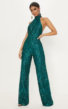 Green Sequin High Neck Jumpsuit Get stopping traffic in this jumpsuit. Featuring a green sequin design, halterneck and wide leg fit. We love this teamed with strap heels and statement earrings for a killer weekend attire. Length approx 157cm/62 (Based on a sample size UK 6) Model wears size UK 6/ EU 34/ AUS 6/ US 2 Model Height - 5ft 8 Dinner Gown Styles, Jumpsuit Prom, High Neck Jumpsuit, Bridal Jumpsuit, Wedding Jumpsuit, Sequin Jumpsuit, Jumpsuit Elegant, Green Suit