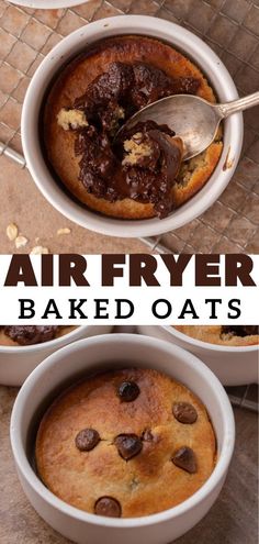 two bowls filled with baked oatmeal sitting on top of a table next to each other