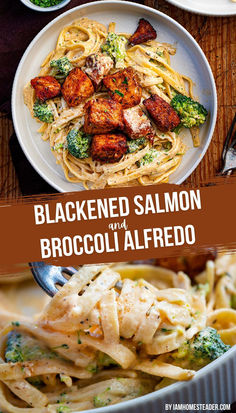 one image shows a plate of pasta withe the salmon mostly on top, the plate is on a wooden countertop and there is a fork and a small dish of parsley next to the plate. The second image shows a fork twisting up some of the pasta. Creamy Fettucini Alfredo, Creole Pasta, Salmon Broccoli, Seasoned Salmon, Fettucini Alfredo, Salmon Pasta Recipes, Broccoli Pasta Recipe, Sauteed Onions, Lenten Recipes