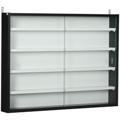 an empty black and white book shelf with glass doors