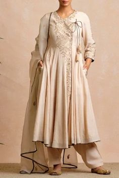 Shop for Sue Mue Beige Handloom Cotton Anarkali Set for Women Online at Aza Fashions V Neck Anarkali, Gharara Designs, Punjabi Salwar, Angrakha Style, Yellow Embroidery, Baby Dress Pattern, Cotton Anarkali, Wedding Lehengas, Velvet Dress Designs