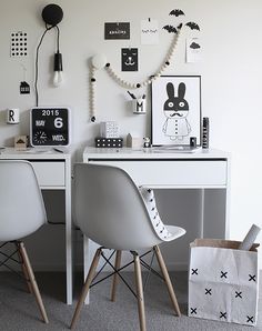 two white chairs sitting next to each other in front of a desk with pictures on it