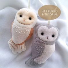 two stuffed owls sitting next to each other on a white cloth covered surface with the words patterns and tutor written above them