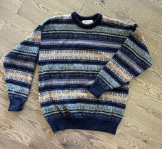 The Sheep Station, Size: L, navy Sleeve: 21 inches  Chest: 21.5 inches  Length: 27.5 inches  Overall, in good used condition. Christmas Thrift, Pretty Clothing, Striped Crewneck, 90s Sweater, 80s Sweater, Aesthetic Board, The Sheep, Fashion Wishlist, Pinterest Closet