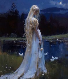 a painting of a woman with long blonde hair standing in front of a body of water