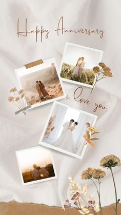 an artistic photo collage with flowers and pictures on it's side that says happy anniversary to one you